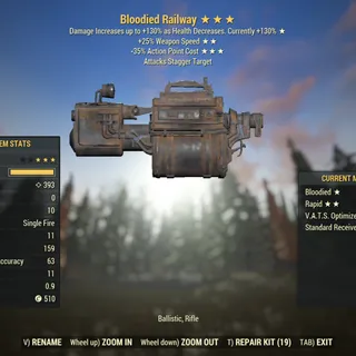 Missing Parts | LVL 50 | Railway Rifle | ★ Bloodied ★★ Rapid ★★★ V.A.T.S. Optimized |