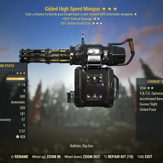 Injected Effect | LVL 50 | Guilded Minigun | ★ Concussive ★★ Vital ★★★ V.A.T.S Optimized |