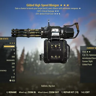 Injected Effect | LVL 50 | Guilded Minigun | ★ Concussive ★★ Vital ★★★ V.A.T.S Optimized |