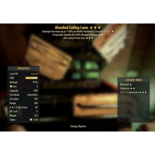Rare Weapon | LVL 50 | Invisible | Gatling Laser | ★ Bloodied ★★ Explosive ★★★ V.A.T.S. Optimized |