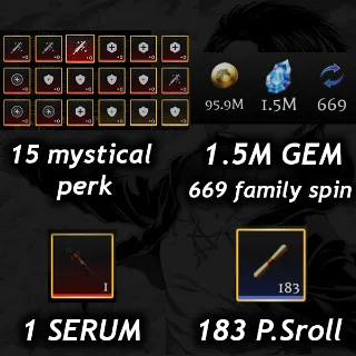 💎 1.5M Gem 💎| 💉1 Serum 💉|🧬15 Mystical Perk🧬|📜 183 Prestige Scroll📜| 🧣 AOTR 🕊️|