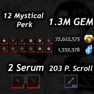 💎1.3M Gem 💎| 💉2 Serum 💉|🧬12 Mystical Perk🧬|⭐Prestige 5 (225 Level)⭐|📜 203 P. Scroll📜| 🧣 AOTR 🕊️|