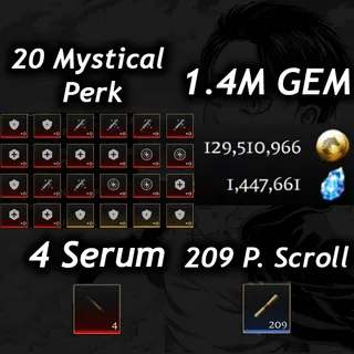 💎1.4M Gem 💎| 💉4 Serum 💉|🧬20 Mystical Perk🧬|⭐Prestige 5 (225 Level)⭐|📜 209 P. Scroll📜| 🧣 AOTR 🕊️| 