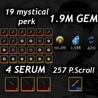💎1.9M Gem 💎| 💉4 Serum 💉|🧬19 Mystical Perk🧬|📜 257 P. Scroll📜| 🧣 AOTR 🕊️| ||⚔️AOTR Account⚔️|