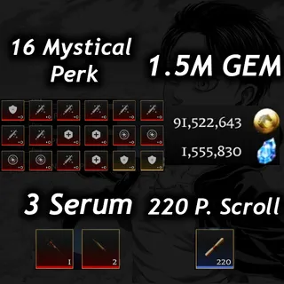 💎1.5M Gem 💎| 💉3 Serum 💉|🧬16 Mystical Perk🧬|⭐Prestige 5 (225 Level)⭐|📜 220 P. Scroll📜| 🧣 AOTR 🕊️|