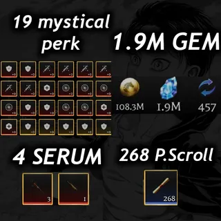 💎1.9M Gem 💎| 💉4 Serum 💉|🧬19 Mystical Perk🧬|📜 268 P. Scroll📜| 🧣 AOTR 🕊️| 