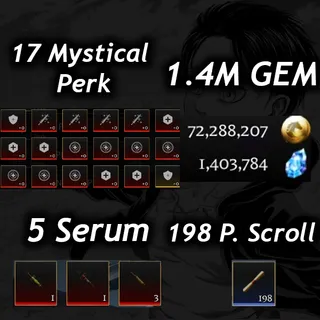 💎1.4M Gem 💎| 💉5 Serum 💉|🧬17 Mystical Perk🧬|⭐Prestige 5 (225 Level)⭐|📜 198 P. Scroll📜| 🧣 AOTR 🕊️|