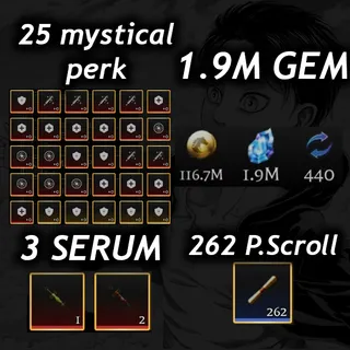 💎1.9M Gem 💎| 💉3 Serum 💉|🧬25 Mystical Perk🧬|📜 262 P. Scroll📜| 🧣 AOTR 🕊️|