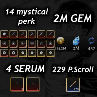 💎2M Gem 💎| 💉4 Serum 💉|🧬14 Mystical Perk🧬|📜 229 P. Scroll📜| 🧣 AOTR 🕊️|