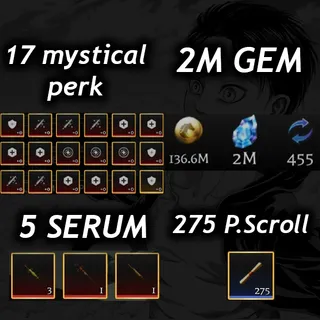💎2M Gem 💎| 💉5 Serum 💉|🧬23 Mystical Perk🧬|📜 275 P. Scroll📜| 🧣 AOTR 🕊️| ||⚔️AOTR Account⚔️|