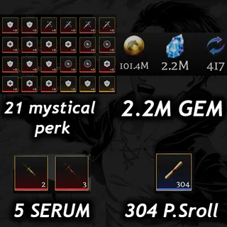 💎 2.2M Gem 💎| 💉5 Serum 💉|🧬22 Mystical Perk🧬|📜 304 P. Scroll📜| 🧣 AOTR 🕊️|