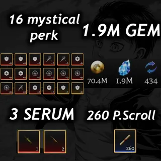 💎1.9M Gem 💎| 💉3 Serum 💉|🧬16 Mystical Perk🧬|📜 260 P. Scroll📜| 🧣 AOTR 🕊️|