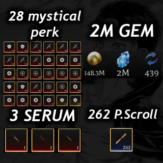 💎2M Gem 💎| 💉3 Serum 💉|🧬28 Mystical Perk🧬|📜 262 P. Scroll📜| 🧣 AOTR 🕊️|