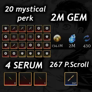 💎2M Gem 💎| 💉4 Serum 💉|🧬20 Mystical Perk🧬|📜 267 P. Scroll📜| 🧣 AOTR 🕊️|