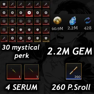 💎 2.2 Gem 💎| 💉4 Serum 💉|🧬30 Mystical Perk🧬|📜 260 P. Scroll📜| 🧣 AOTR 🕊️|