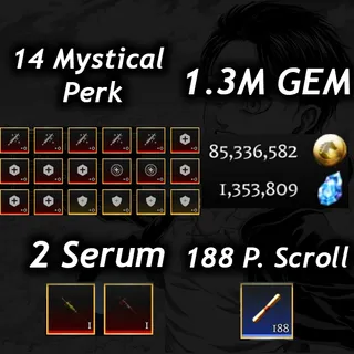 💎1.3M Gem 💎| 💉2 Serum 💉|🧬14 Mystical Perk🧬|⭐Prestige 5 (225 Level)⭐|📜 188 P. Scroll📜| 🧣 AOTR 🕊️|