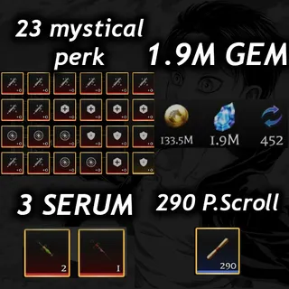 💎1.9M Gem 💎| 💉3 Serum 💉|🧬23 Mystical Perk🧬|📜 290 P. Scroll📜| 🧣 AOTR 🕊️|