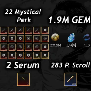 💎1.9M Gem 💎| 💉2 Serum 💉|🧬22 Mystical Perk🧬|📜 283 P. Scroll📜| 🧣 AOTR 🕊️|