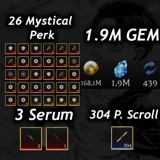 💎1.9M Gem 💎| 💉3 Serum 💉|🧬26 Mystical Perk🧬|📜 304 P. Scroll📜| 🧣 AOTR 🕊️| 