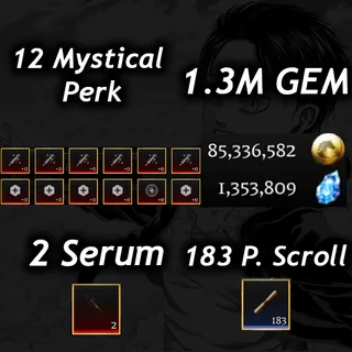 💎1.3M Gem 💎| 💉2 Serum 💉|🧬12 Mystical Perk🧬|⭐Prestige 5 (225 Level)⭐|📜 183 P. Scroll📜| 🧣 AOTR 🕊️| 