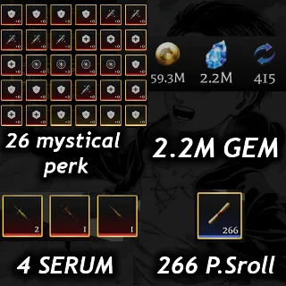 💎 2.2 Gem 💎| 💉4 Serum 💉|🧬26 Mystical Perk🧬|📜 266 P. Scroll📜| 🧣 AOTR 🕊️