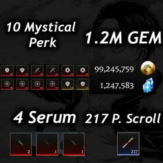 💎1.2M Gem 💎| 💉4 Serum 💉|🧬10 Mystical Perk🧬|⭐Prestige 5 (225 Level)⭐|📜 217 P. Scroll📜| 🧣 AOTR 🕊️| 