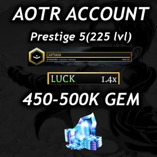 💎450-500K Gem 💎| |🍀1.4 Luck🍀 || ⭐Prestige 5 (225 Level)⭐||🧣 AOTR 🕊️| |🌳Attack on Titan Revolution 🪽|⚔️AOTR Account⚔️|