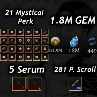💎1.8M Gem 💎| 💉5 Serum 💉|🧬21 Mystical Perk🧬|📜 281 P. Scroll📜| 🧣 AOTR 🕊️| 