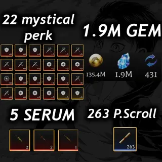 💎1.9M Gem 💎| 💉5 Serum 💉|🧬22 Mystical Perk🧬|📜 263 P. Scroll📜| 🧣 AOTR 🕊️|