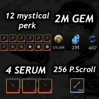 💎2M Gem 💎| 💉4 Serum 💉|🧬12 Mystical Perk🧬|📜 256 P. Scroll📜| 🧣 AOTR 🕊️| ||⚔️AOTR Account⚔️|