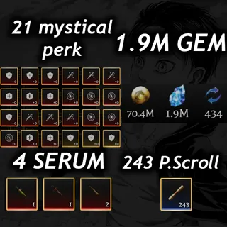 💎1.9M Gem 💎| 💉4 Serum 💉|🧬21 Mystical Perk🧬|📜 243 P. Scroll📜| 🧣 AOTR 🕊️|