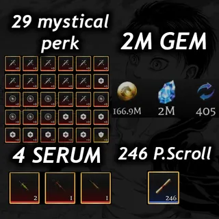 💎2M Gem 💎| 💉4 Serum 💉|🧬29 Mystical Perk🧬|📜 246 P. Scroll📜| 🧣 AOTR 🕊️|
