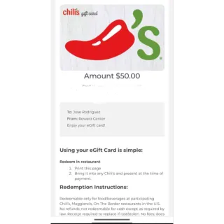 $ 50.00 USD chili's gift card