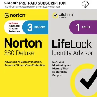 ⚡ Norton 360 Deluxe + LifeLock Identity Advisor (1 Adult) | 6 Months | 3 Devices | New Accounts Only | US Region