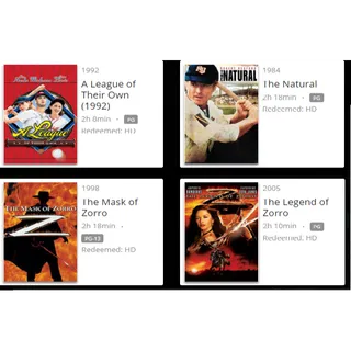 A League of Their Own/Legend of Zorro/Mask of Zorro/The Natural - HD (Movies Anywhere)