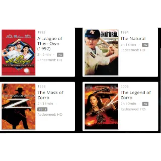 A League of Their Own/The Natural/Zorro 1&2 - HD (Movies Anywhere) 