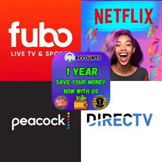 PACK OF YEAR WITH ( NETFLIX, FUBO TV, PEACOCKTV, DIRECTV)