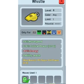 SUPER RARE 1 WAX 4 POTENTIAL 4% SUPER CRIT POWER WHISTLE | RARE GOOD BEEQUIP BEE SWARM SIMULATOR (CHECK MY PROFILE FOR MORE!)