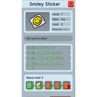 SUPER RARE HONEY MARK + 10 MARK DURATION SMILEY STICKER (HM 10MD) | RARE BEEQUIP BEE SWARM SIMULATOR (SEE MY PROFILE FOR MORE!)
