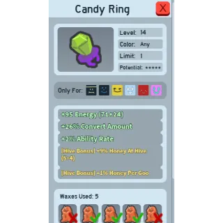 SUPER RARE 9% HONEY AT HIVE CANDY RING (8 HAH CANDY RING) | CHEAP GOOD  BEEQUIP BEE SWARM SIMULATOR