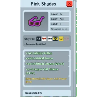 SUPER RARE 8% SUPER CRIT CHANCE PINK SHADES (8 SCP SHADES) | RARE GOOD BEEQUIP BEE SWARM SIMULATOR (CHECK MY PROFILE FOR MORE!)