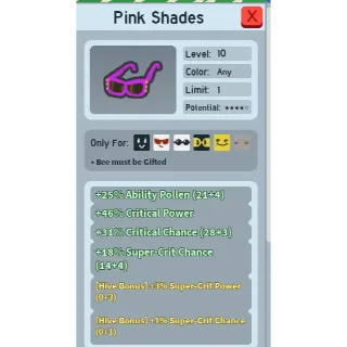 SUPER RARE 1% SUPER CRIT CHANCE + 3% SUPER CRIT POWER PINK SHADES | BEEQUIP BEE SWARM SIMULATOR (CHECK MY PROFILE FOR MORE!)