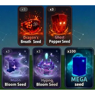 GROW A GARDEN 2 OMEGA SEED BUNDLE LARGE | x3 HYPNO BLOOM, DRAGON'S BREATH, MOON BLOOM, GHOST PEPPER, x100  MEGA SEEDS 
