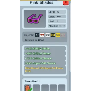 SUPER RARE 1 WAX 6% SUPER CRIT POWER (5 POTENTIAL) PINK SHADES | CHEAP BEEQUIP BEE SWARM SIMULATOR (CHECK MY PROFILE FOR MORE!)