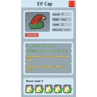 GOOD ELF CAP 2% HONEY AT HIVE (2 HAH ELF CAP) | CHEAP BEEQUIP BEE SWARM SIMULATOR