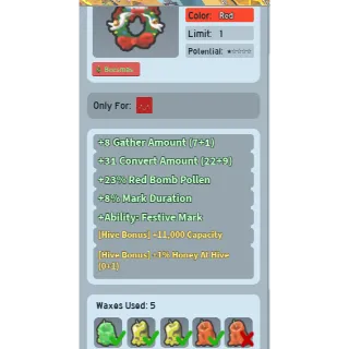 SUPER RARE CAUSTIC WAXED 1% HONEY AT HIVE + 8% MARK DURATION FESTIVE WREATH (HAH WREATH) | CHEAP BEESQUIP BEE SWARM SIMULATOR