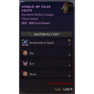 Diablo 4 | S11 | Rune | x6 Bac, x6 Kry, x6 Moni | 1 Set Rune Shroud Of False Death