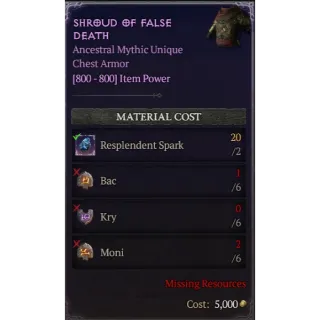 Diablo 4 | S11 | Rune | x6 Bac, x6 Kry, x6 Moni | 1 Set Rune Shroud Of False Death