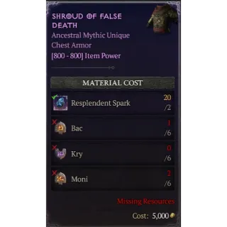 Diablo 4 | S11 | Rune | x6 Bac, x6 Kry, x6 Moni | 1 Set Rune Shroud Of False Death