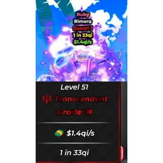 RUBY RIMERO | 1.4QI/S | LEVEL 51 | TRANSCENDENT | ANIME DICE